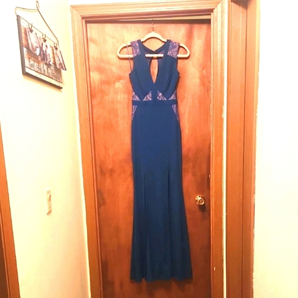 Lipsy London Teal Blue Maxi Dress with Double Slit And Lace Detail Size 4